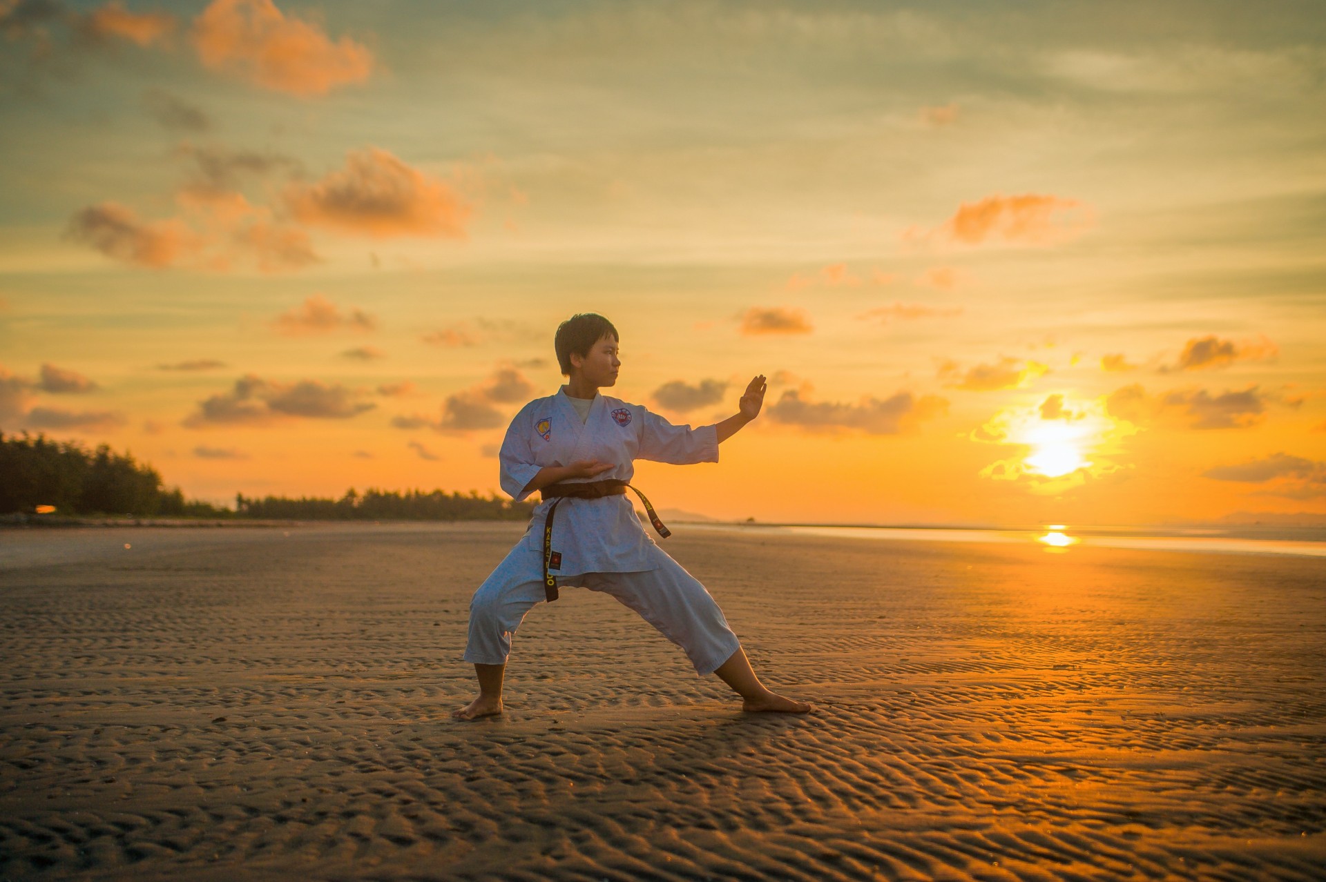 boy in karate stance at sunrise